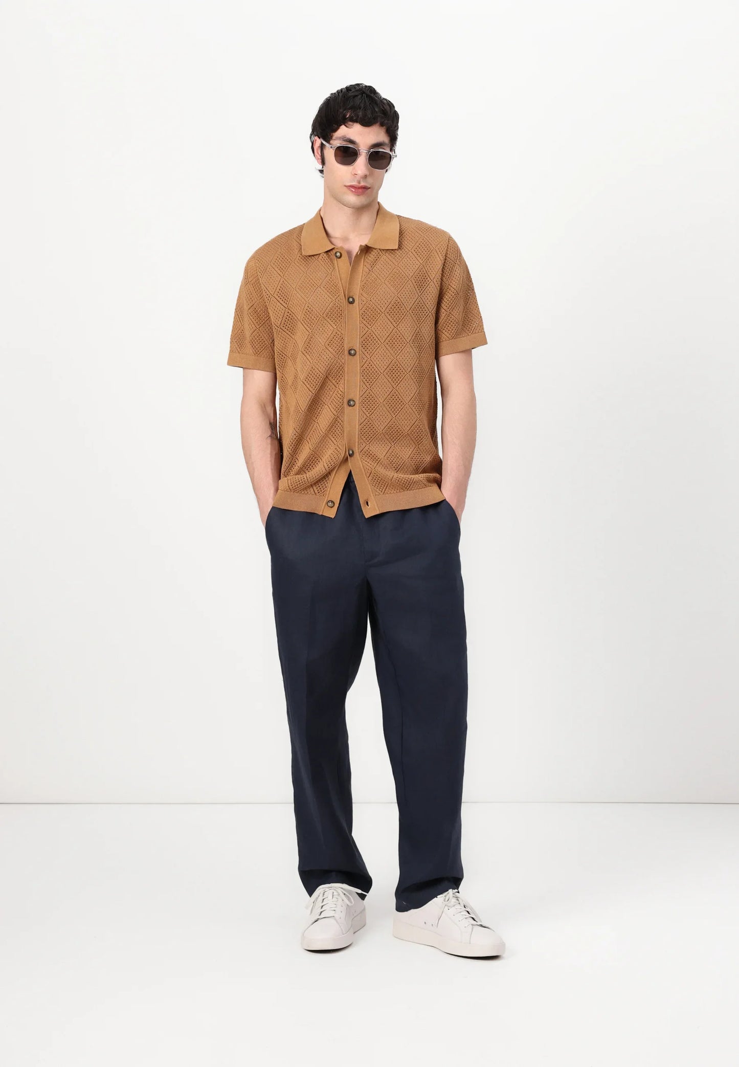 Polo Collar Knit Textured Shirt - Brown