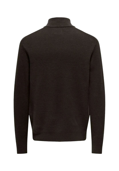 Textured Comfort Jumper with High Neck and Zipper - Coffee