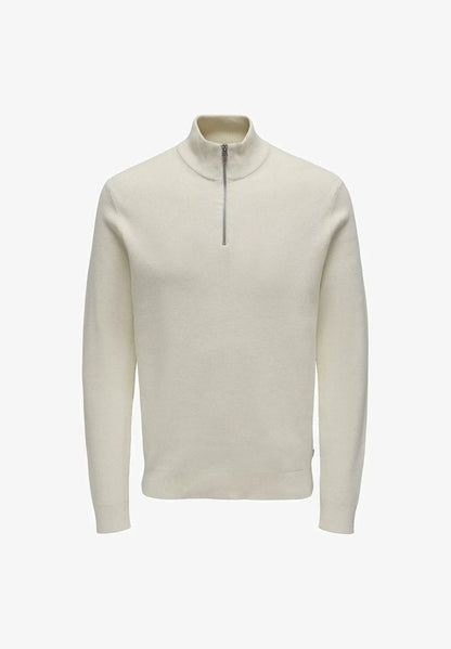Textured Comfort Jumper with High Neck and Zip - Beige