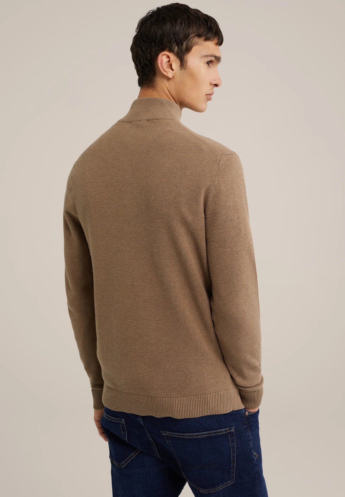 Men's Cotton Sweater with Troyer Collar and Zipper - Caramel
