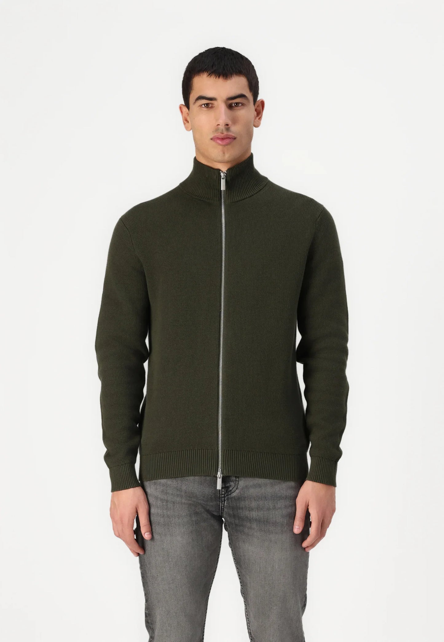 Comfort Cardigan with High Neck and Zipper - Military Green