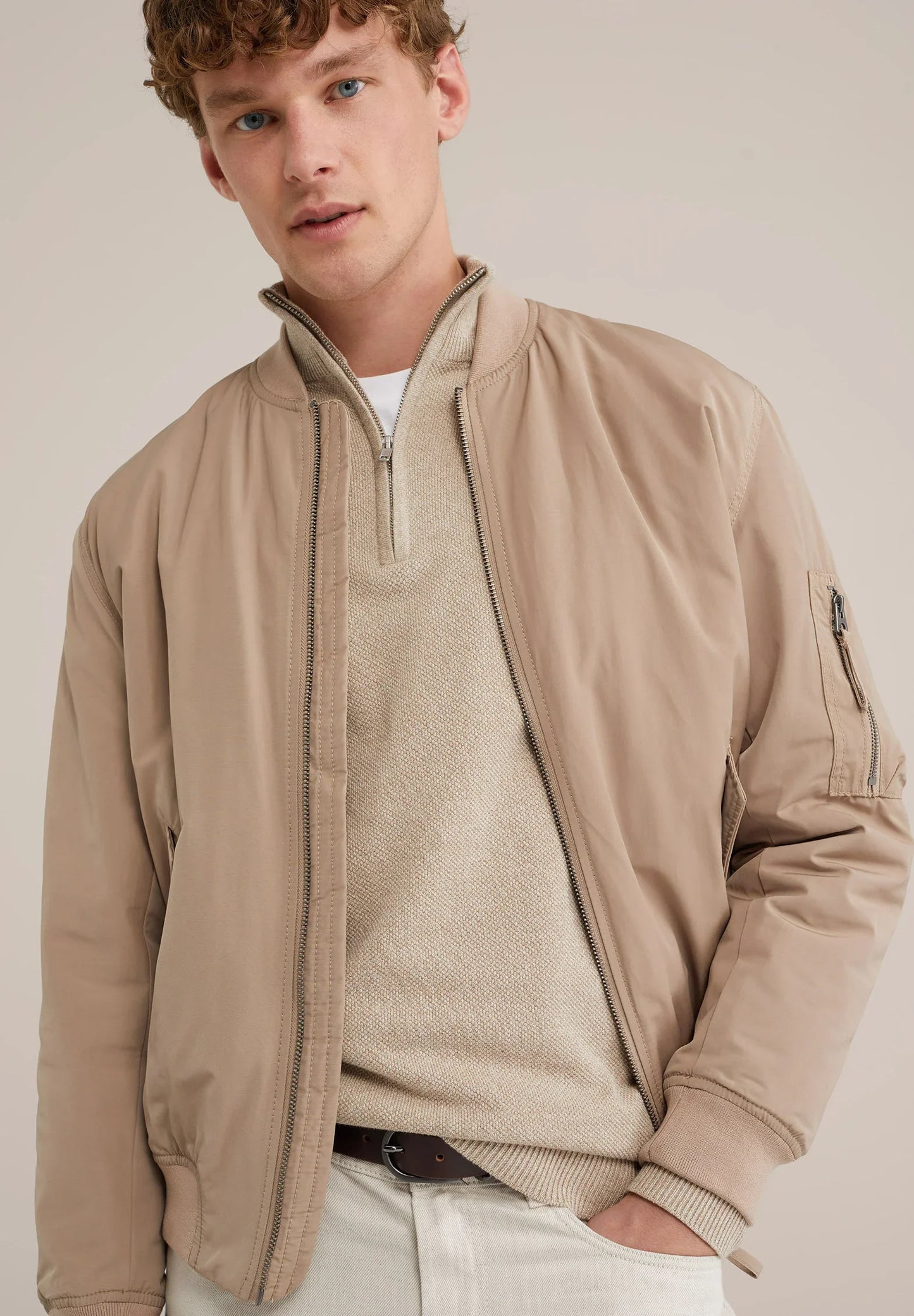 Men's Cotton Sweater with Troyer Collar and Zip - Beige