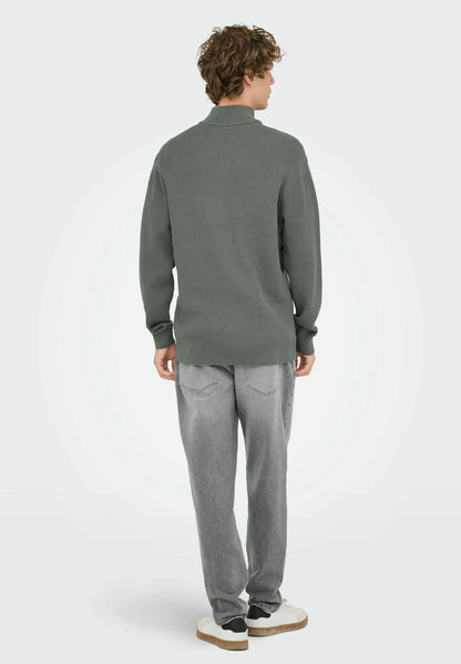 Textured Comfort Jumper with High Neck and Zip - Moss Green