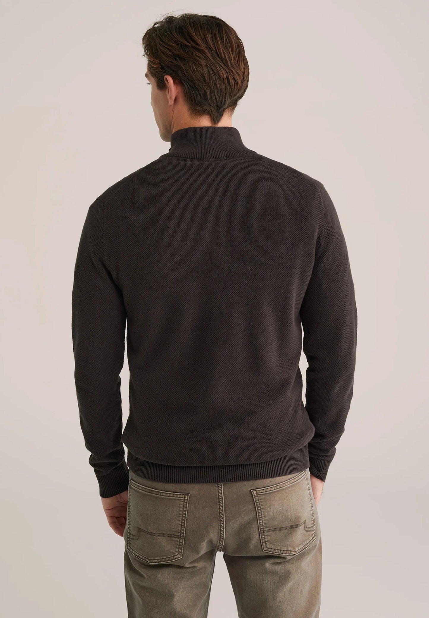Men's Cotton Sweater with Troyer Collar and Zip - Brown