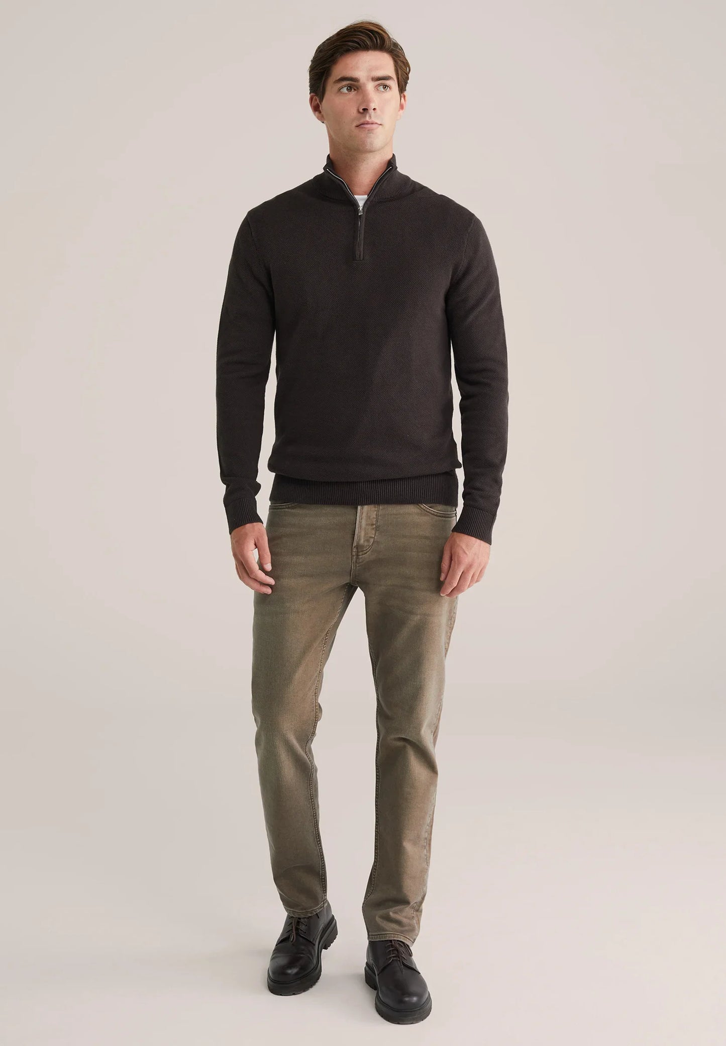 Men's Cotton Sweater with Troyer Collar and Zip - Brown