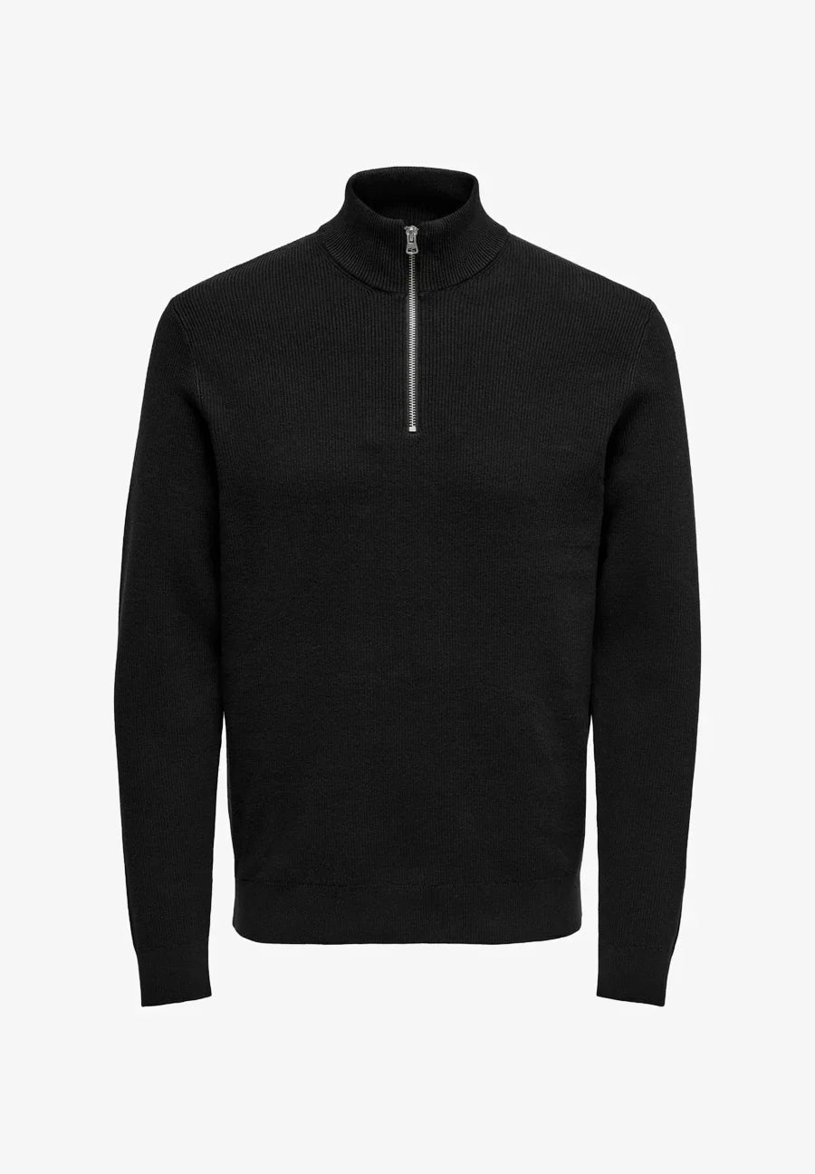 Textured Comfort Jumper with High Neck and Zip - Black