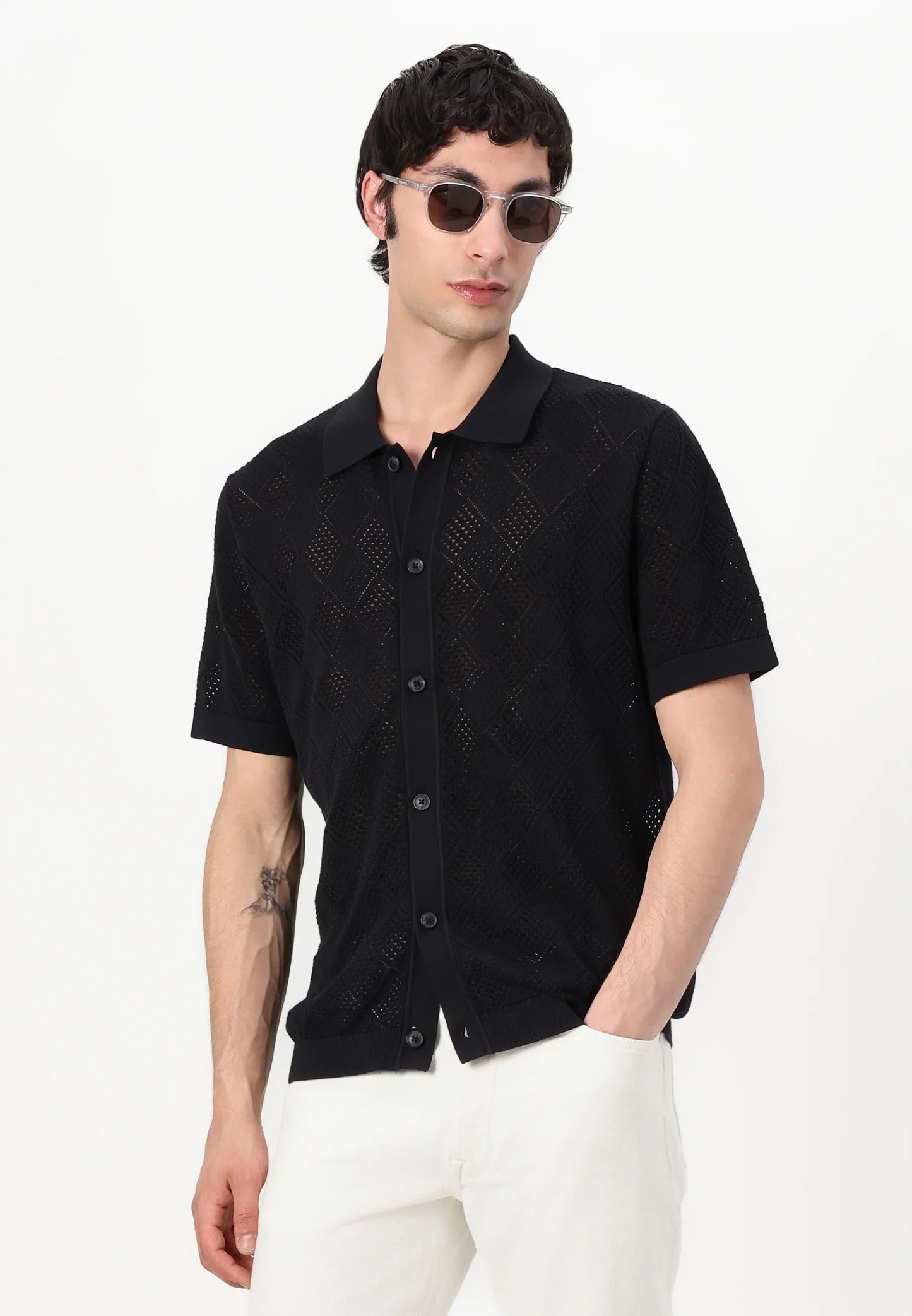 Polo Collar Shirt with Knitted Texture - Black