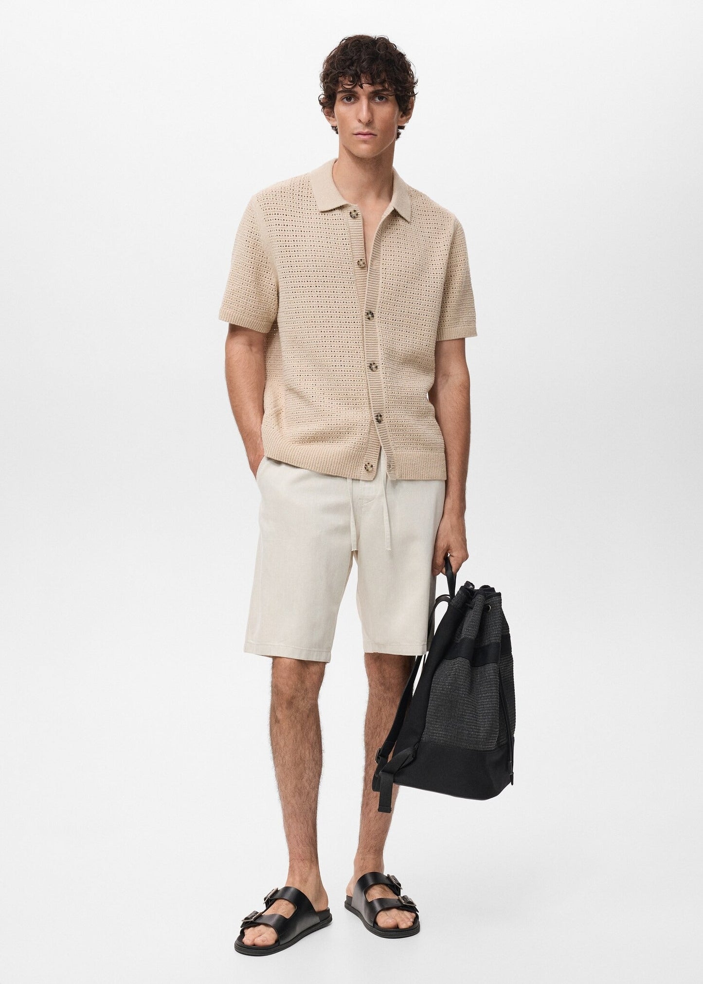 Crochet Mesh Knit Polo Shirt - Beige