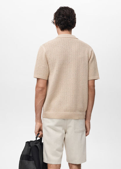 Crochet Mesh Knit Polo Shirt - Beige