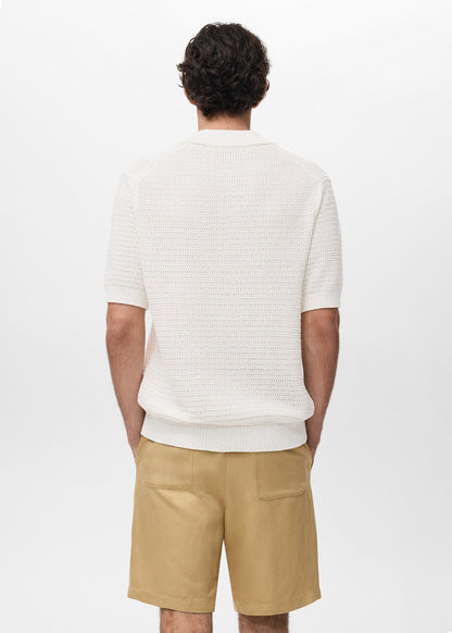 Crochet Knit Openwork Polo Shirt - White