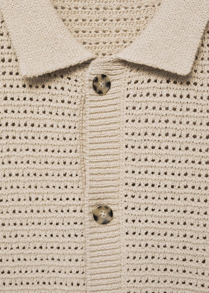 Crochet Mesh Knit Polo Shirt - Beige